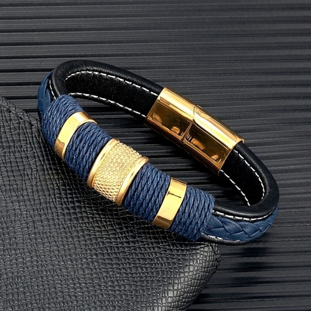 Black & Blue Gold Leather Bracelet